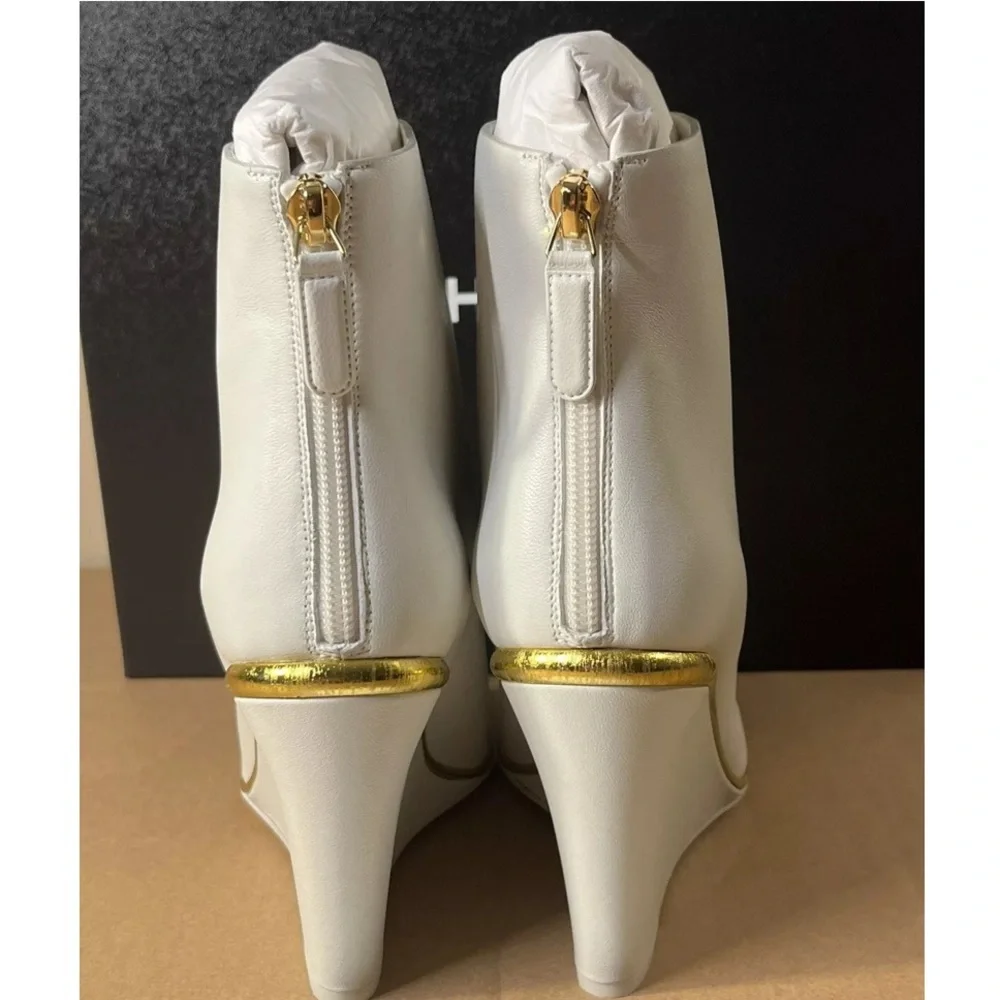 NWT CHANEL white black and gold wedge booties